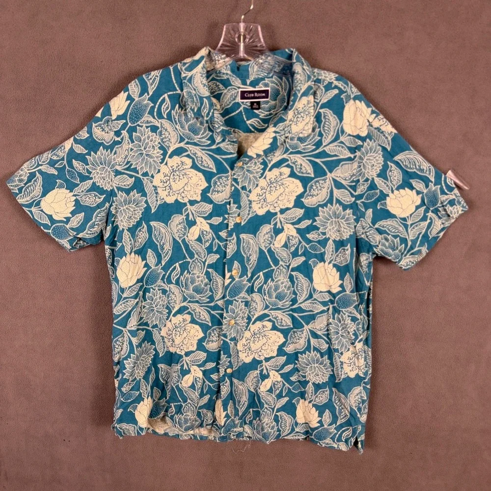 Club Room Mens Hawaiian Tropical Blue XL Short Sleeve‎ Button Shirt